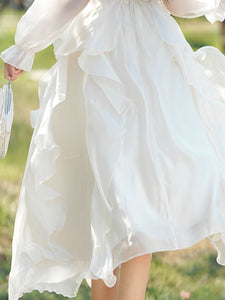 White Square Collar Long Sleeve Ruffles Vintage 1950S Dress