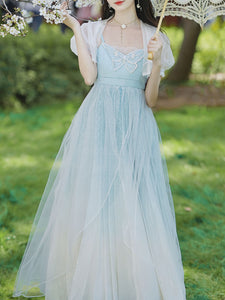 2PS Baby Blue Embroidered Butterfly Vintage Dress With Puff Sleeve Cardigan Suit