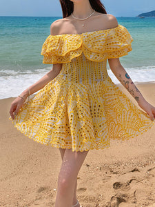 Women's Bohemian Yellow Off The Shoulder Hollow Lace Boho Dress