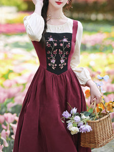 Wine Red Square Collar Cottagecore Long Sleeve Vintage 1950S Swing Dress With Scarf