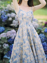 Load image into Gallery viewer, 2PS Blue Daisy Floral Print Spaghetti Strap Dress With White Shawl Dress Suit