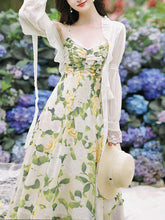 Load image into Gallery viewer, 2PS Green Floral Print Spaghetti Strap Dress With White Shawl Dress Suit