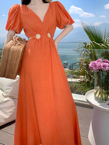 Women's Bohemian Orange Waist Cut Puff Sleeve Long Party Evening Gown A Line Summer Robe Maxi Dress