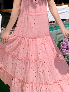 Women's Bohemian Pink A Line Summer Embroidery Fabric Robe Maxi Dress