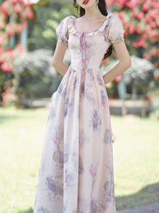 Purple Round Neck Ruffle Short Puff Sleeve Corset Vintage Fairy Dress