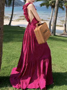 Women's Bohemian Rose Ruffles Sleeveless A Line Summer Embroidery Fabric Maxi Dress