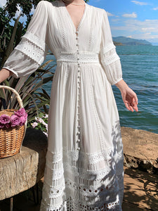 Women's Bohemian White V Neck Hollow Lace Maxi Boho Dress