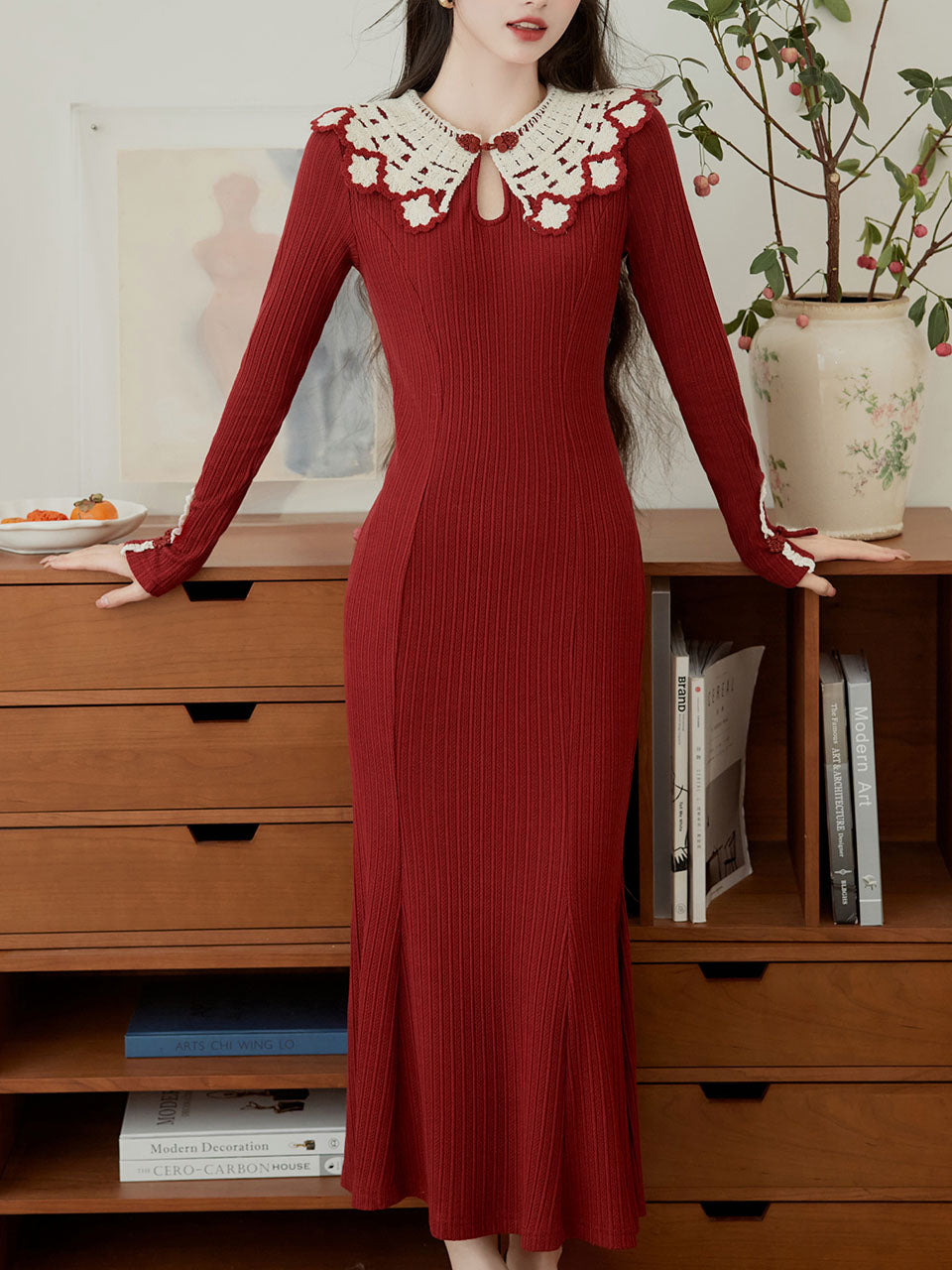 1940S Red High Waist Knitted Sweater Long Sleeve Vintage Dress, Red / S 1940S Red High Waist Knitted Sweater Long Sleeve Vintage Dress, Red / S