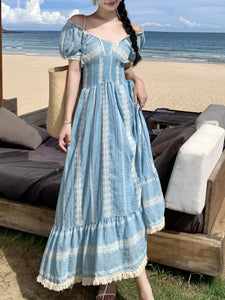 Women's Bohemian Blue Lace Puff Sleeve Summer Robe Maxi Dress