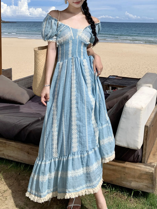 Women's Bohemian Blue Lace Puff Sleeve Summer Robe Maxi Dress