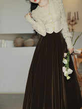 Load image into Gallery viewer, White Lace V Neck Top and Brown Velvet Swing Skirt Dress Set