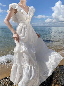 Women's Bohemian White V Neck Ruffles Maxi Boho Dress