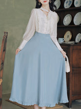 Load image into Gallery viewer, 1950S Vintage Embroidered  White Shirt And Blue Swing Skirt Set