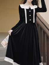 Load image into Gallery viewer, 2PS Black Velvet Dress With White Lace Collar Top and Swing Skirt Vintage 1950s Suits