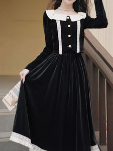 2PS Black Velvet Dress With White Lace Collar Top and Swing Skirt Vintage 1950s Suits