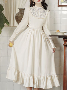 White Frilled Collar Cottagecore Long Sleeve Vintage 1950S Swing Dress