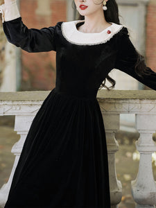 White Bertha Collar 1950S Black Velvet Hepburn Style Vintage Dress