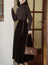 Load image into Gallery viewer, Brown Flower Turtleneck Sweater and Velvet Swing Skirt Dress Set