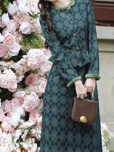 Load image into Gallery viewer, Blue Maisel Style Long Sleeve Retro Diamond Plaid Coat and Skirt Vintage Suit For Women