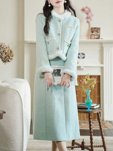 2PS Green Long Sleeve Warm Coat With Suspender Skirt Vintage Suit