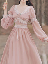 Load image into Gallery viewer, Pink Rose Girl Retro Lace V-neck Chiffon Long Lantern Sleeve Coquette Dress