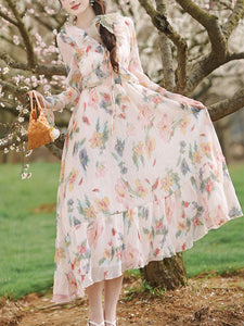 1950S White Ruffles V Neck Floral Print Swing Dress For Women