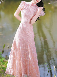 Pink Lace Puff Sleeve Cheongsam Fishtail Vinatge Dress