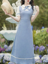 Load image into Gallery viewer, Blue Peter Pan Collar Puff Sleeve Preppy Dress