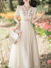 Load image into Gallery viewer, White V Neck Short Embroidered Puff Sleeve 1950S Vintage Dress