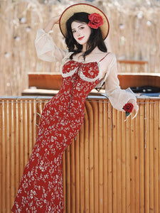 Red Floral Strap Fishtail Dress with Cardigan Vintage Outfit