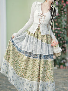 1950S Vintage White Lace Top and Flowers Print Swing Skirt Vintage Cottagecore Outfits