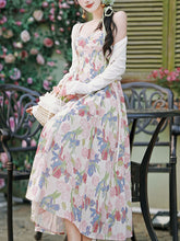 Load image into Gallery viewer, 2PS White Floral Print Spaghetti Strap 1950S Vintage Dress With Long Sleeve Ruffles Cardigan