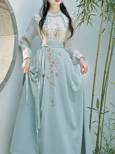 Load image into Gallery viewer, 2PS Blue Stand Collar Embroidered Top and White Horse-face Skirt Vintage Suits