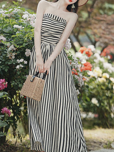 1950S Hepburn Style Black and White Stripe Swing Dress For Women