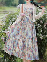 Load image into Gallery viewer, 2PS Ethereal Garden Party Floral Spaghetti Strap Dress with  Crochet Cover-Up