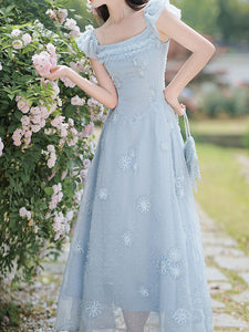 Baby Blue Sea Salt Flowers Delicate Fabric Square Neck Vintage Midi Cute Dress