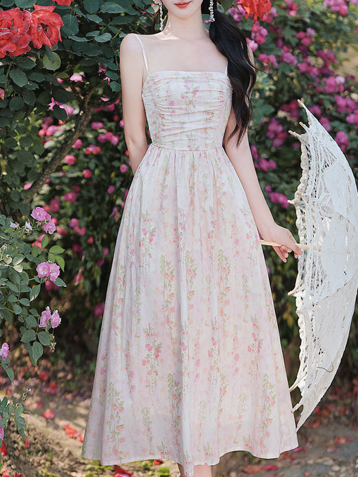 Pink Floral Print Spaghetti Strap Cottagecore Dress