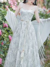 Load image into Gallery viewer, 2PS White Butterfly Print Spaghetti Strap 1950S Vintage Dress With Long Sleeve Tassel Cardigan