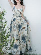Load image into Gallery viewer, 2PS Blue Floral Print Spaghetti Strap 1950S Vintage Dress With Long Sleeve Cardigan