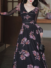 Load image into Gallery viewer, Black V-neck Floral Print Long Sleeve Maxi Dress