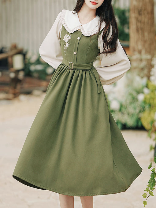 2PS Peter Pan Collar Vintage Fall Shirt Set Dress