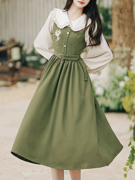 2PS Peter Pan Collar Vintage Fall Shirt Set Dress, Brown / M