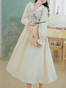 White V Neck Printed Long Sleeve Corset Vintage Dress