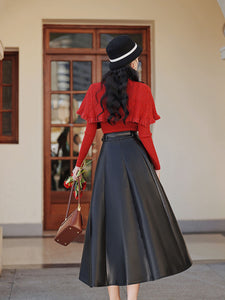 3 Piece Cardigan Top With PU Swing Skirt 1950s Vintage Outfits