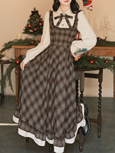 Load image into Gallery viewer, Brown Plaid Fake Two-Piece Long Sleeve Vintage Dress