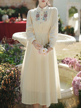 Load image into Gallery viewer, White Stand Collar Long Sleeved Embroidered Cotton Dress