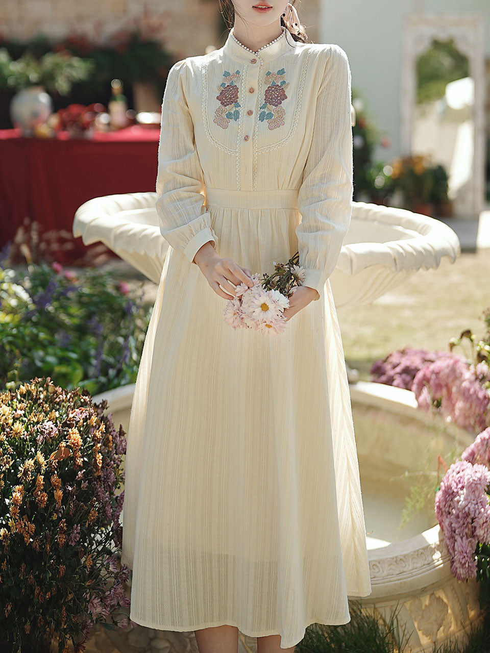 White Stand Collar Long Sleeved Embroidered Cotton Dress
