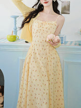 Load image into Gallery viewer, 2PS Yellow Floral Spaghetti Strap 1950S Vintage Dress With Long Sleeve Ruffles Cardigan