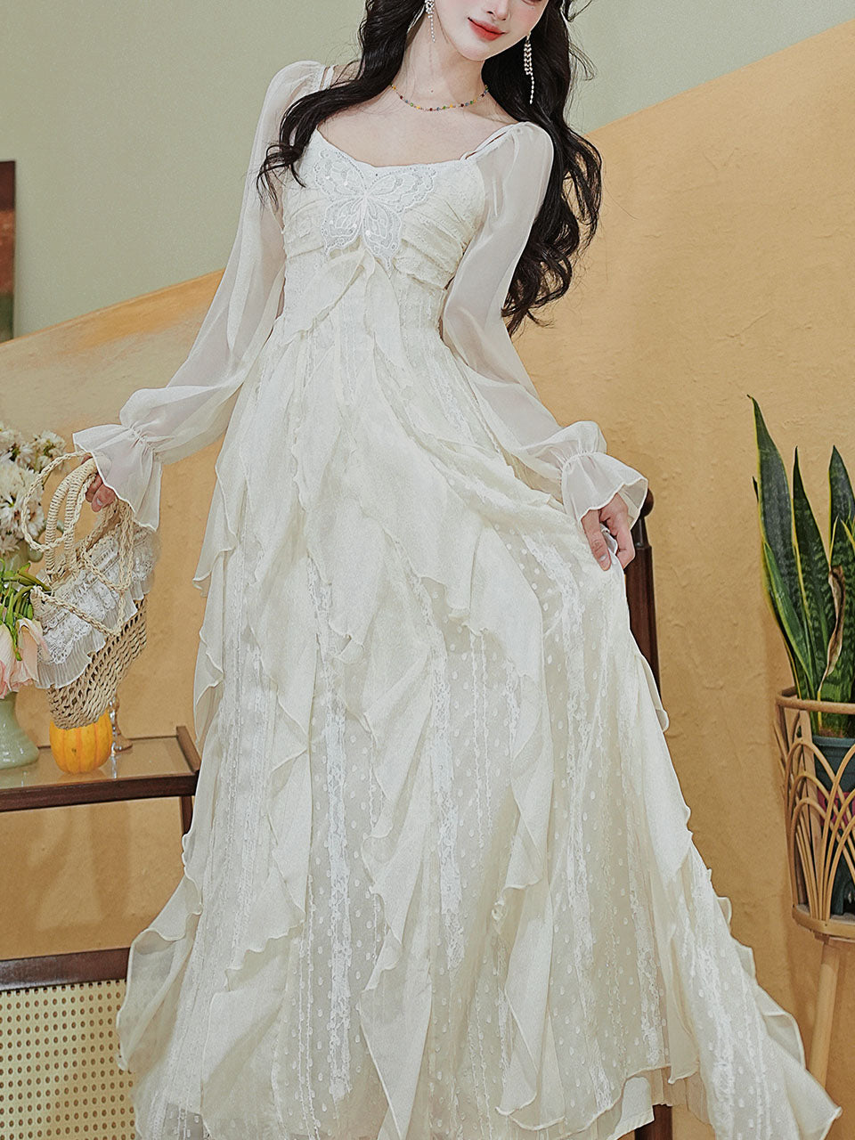 Vintage White Square Neck Butterfly Sequins Lace Ruffle Long Sleeve Dress White / XS Vintage White Square Neck Butterfly Sequins Lace Ruffle Long Sleeve Dress White / XS