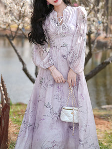 Purple Stand Collar Puff Long Sleeve Vintage Dress